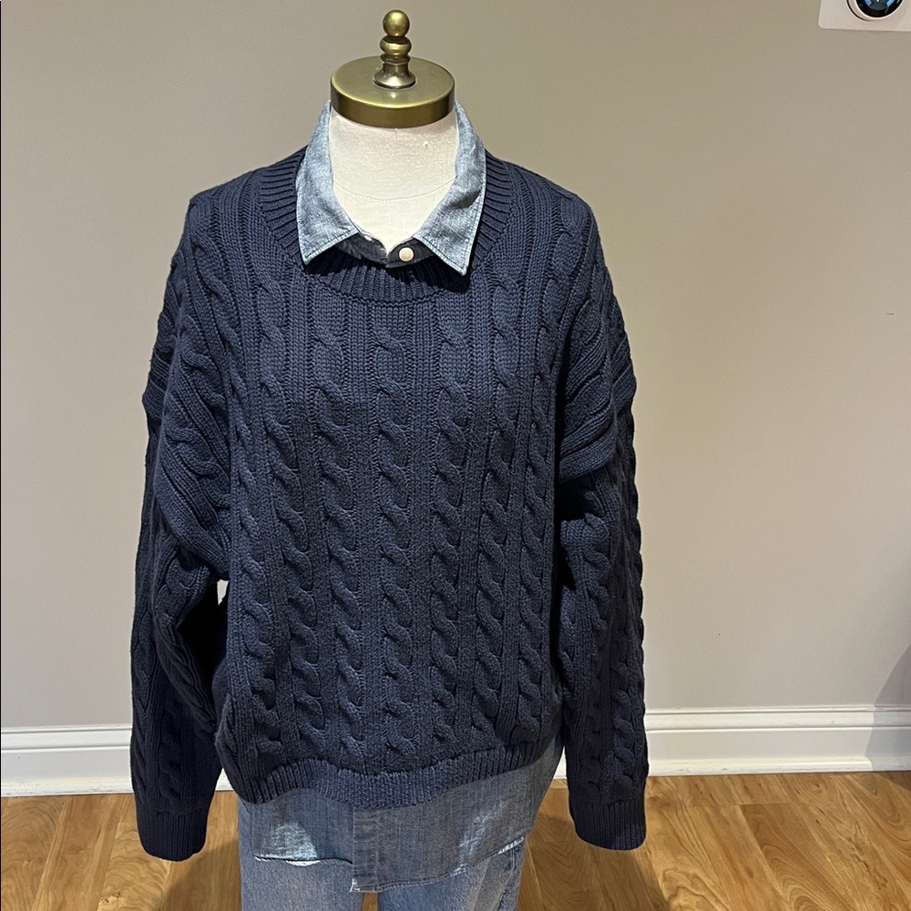 NEW! J. Crew navy cropped Cable Knit Crewneck Sweater BX465 size L